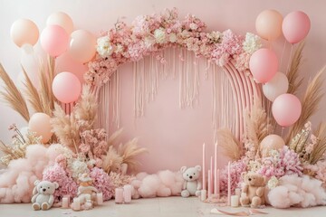 Pastel Pink Photography Backdrop with Balloon Garland and Teddy Bears