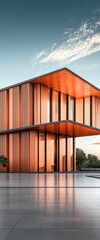 Obraz premium Modern geometric copper building stands tall during sunset hour