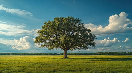 Majestic solitary oak graces tranquil meadow beneath vibrant sky vista