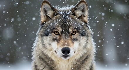 Obraz premium black wolf in snow falling, Black Wolf in Snowy Forest Landscape, Close-Up of Black Wolf Amid Winter Snowfall