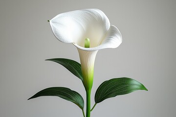 Elegant white calla lily against minimalist background with lush green leaves