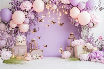 Pastel purple backdrop with balloon garland lanterns and flowers
