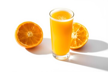 Refreshing Glass of Fresh Orange Juice with Whole and Sliced Oranges on a Plain Background