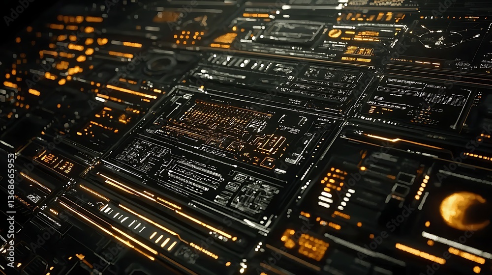 Poster futuristic digital interface panel with glowing orange accents. complex array of data displays and g