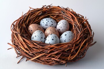 Obraz premium Speckled eggs in nest: rustic nature still life with wicker nest on plain white backdrop