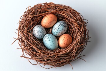 Obraz premium Speckled blue and brown eggs in woven bird nest on white background