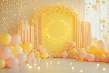 Pastel yellow theme with sun balloons stars lights and cake smash concept