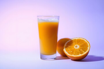 Fototapeta premium Refreshing Glass of Fresh Orange Juice with Whole and Sliced Oranges on a Plain Background