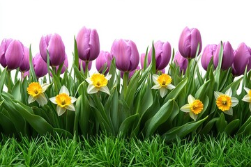 Purple tulips and yellow daffodils in a vibrant spring floral arrangement