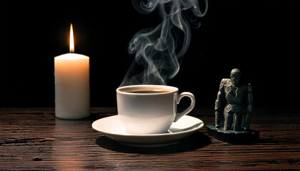  Minimalistic scene featuring a coffee cup, a figurine and a candle. Perfect for conceptual art, modern design, and abstract visuals. Ideal for creative, thought-provoking projects and aesthetics.