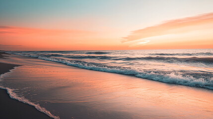 shoreline with calm waves sandy beaches under a reddish sky