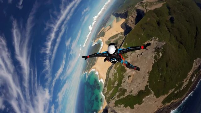 Thrilling skydiving adventure over stunning coastal landscape on a clear day