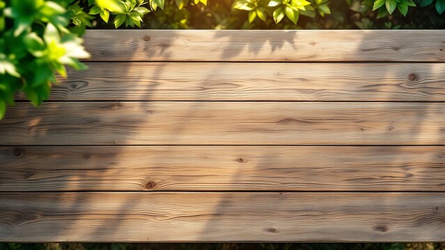 Warm sunlight filters through leaves onto a rustic wooden table, creating a serene and peaceful outdoor scene.