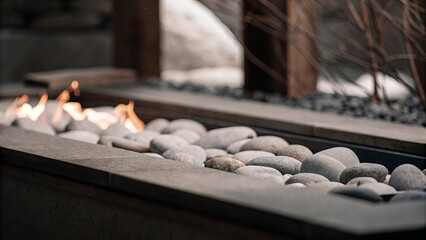 Close-Up of Small Meditation Fire with Smooth Grey Stones – Zen Relaxation Scene