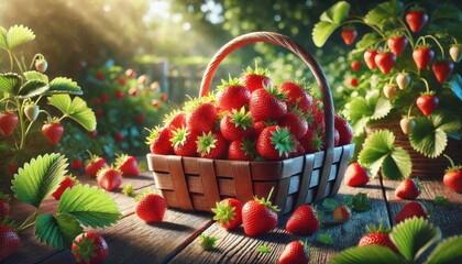Fresh Strawberries in a Basket Surrounded by Greenery  