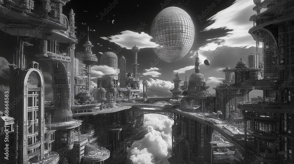 Poster A surreal black-and-white city where only certain objects have color.