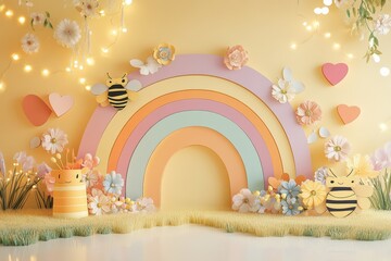 Pastel photography backdrop with bees flowers and rainbow