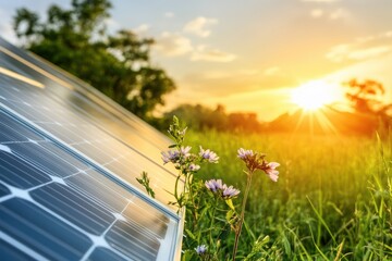 Solar panels soaking up golden sunlight in a green field, symbolizing clean energy and sustainable technology – ideal for eco-themed campaigns, environmental reports, or green innovation branding