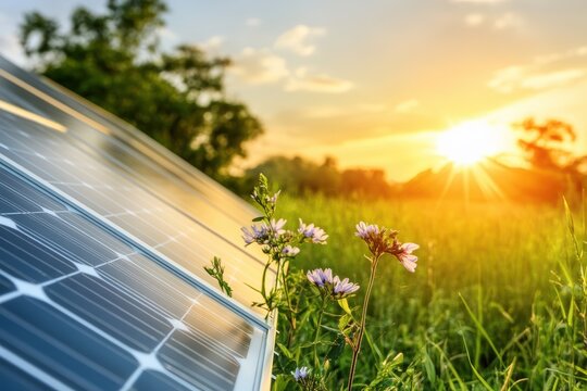 Solar panels soaking up golden sunlight in a green field, symbolizing clean energy and sustainable technology – ideal for eco-themed campaigns, environmental reports, or green innovation branding