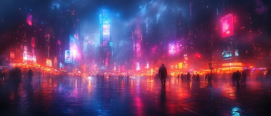 Fototapeta premium Neon-drenched city street drenched in rain at night