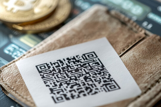 A leather wallet displays a printed QR code for digital transactions beside physical crypto tokens and a circuit board background.