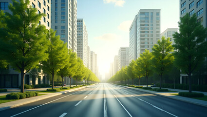 Fototapeta premium Overhead View of a Boulevard with Solar Trees: A Double Exposure Concept Showcasing Green Energy Innovation and Renewable Infrastructure with Ample Copy Space for Text