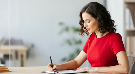 Young caucasian female writing at desk in red dress within modern office setting