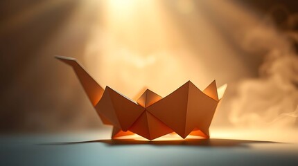 Origami crane in spotlight, smoky background