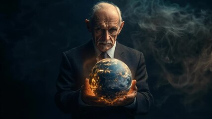 Elder man holding glowing Earth sphere, symbolizing power, elite control and responsibility.