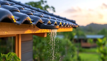 Rainwater flows from house roof.