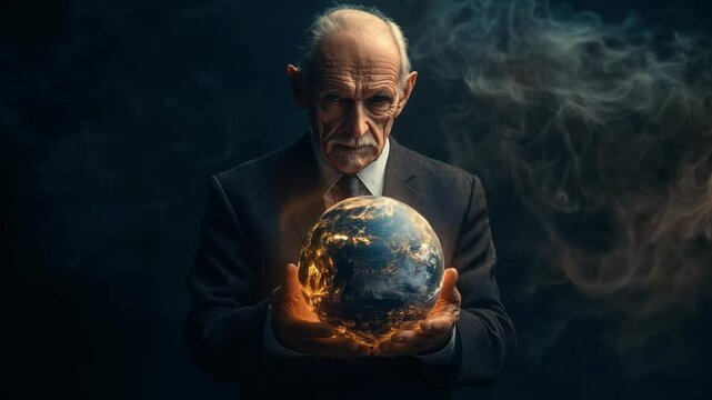 Elder man holding glowing Earth sphere, symbolizing power, elite control and responsibility.