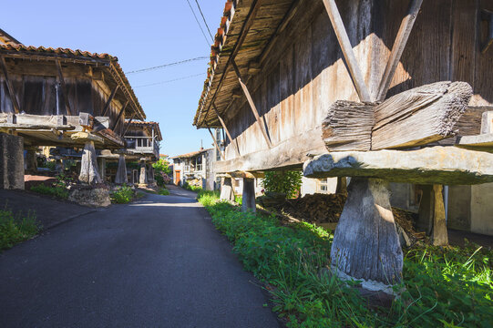 Typical Asturian horreos in Sietes village, Asturias, Spain