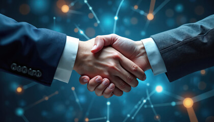 Handshake between two business people, growth, collaboration in data tech field. Represents connection, partnership, agreement, deal, business success. Data network, web lines, lights background