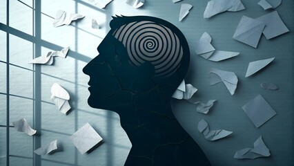 A conceptual image featuring a silhouette of a person's head with a swirling vortex pattern inside.