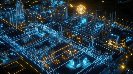 Obraz premium A futuristic grid system where AI optimizes energy consumption and distribution across a city, prioritizing renewable energy sources and reducing waste.