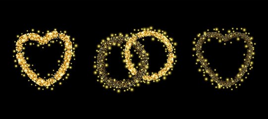 A set of bright golden hearts, sequins around, wedding rings, everything for your creativity on a greeting card, for a wedding celebration, birthday, declaration of love. Vector illustration