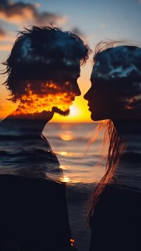 Artistic double exposure of a couple facing each other with ocean waves and sunset sky blended into their silhouettes.