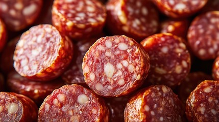 Slices of salami piled together in a textured arrangement  