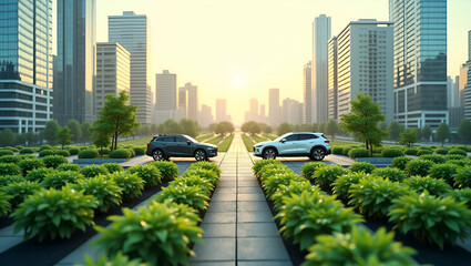 Obraz premium Overhead City View: Urban Farming & Electric Car Sharing for Green Living