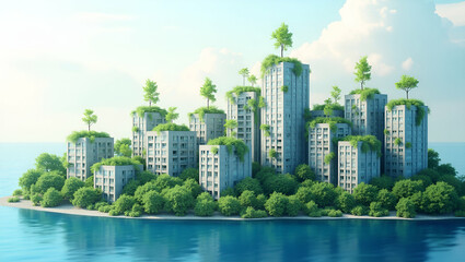 Fototapeta premium Eco-Friendly Cityscape: 3D Flat Icon of Water Recycling & Green Rooftops with Copy Space