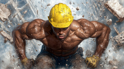 A muscular construction worker emerges from debris, showcasing strength and determination, highlighted by a bright yellow hard hat.