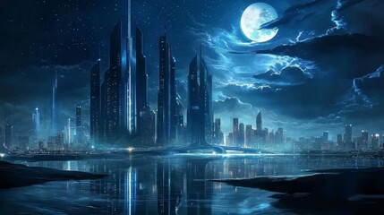 A dreamlike atmosphere envelops a vibrant city under the full moon.