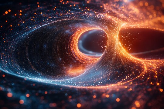 Quantum funnel with particles and waves converging, symbolizing the convergence of possibilities