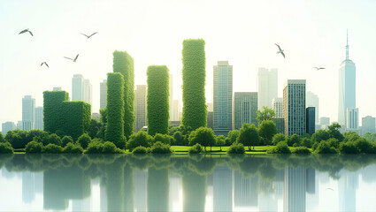 Fototapeta premium 3D Flat Icon: Overhead View of a Cityscape with Integrated Green Walls Symbolizing Urban Biodiversity in Double Exposure - Ample Copy Space on Isolated White Background