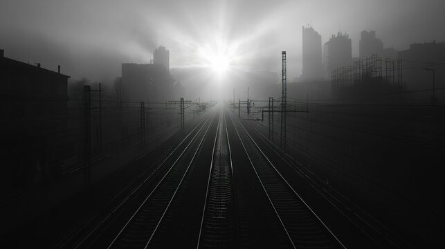 Sunlit train tracks vanish into foggy city.