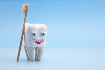 Smiling Tooth. A whimsical tooth figure with eyes and a smile, accompanied by a wooden toothbrush
