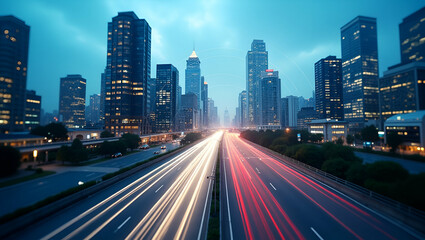 Fototapeta premium Top View of a Cityscape with Smart Traffic Systems: Advanced Transportation and Urban Mobility Concept for Photo Stock with Copy Space