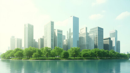 Fototapeta premium 3d Flat icon as Top view of a city with overlay of green spaces symbolizing sustainable urban planning in double exposure with copy space. concept as A top view of a city blended with green spaces rep