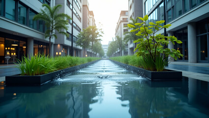 Fototapeta premium Photo Realistic Overhead View of a City Block with Rainwater Harvesting Overlay Symbolizing Urban Sustainability and Water Conservation - Double Exposure with Copy Space