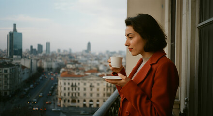 Young caucasian woman enjoying coffee on city balcony with scenic urban view